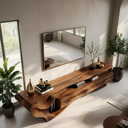 Luxury Wave-Carved Solid Wood TV Stand - Organic Modern Media Console - Woodenecho