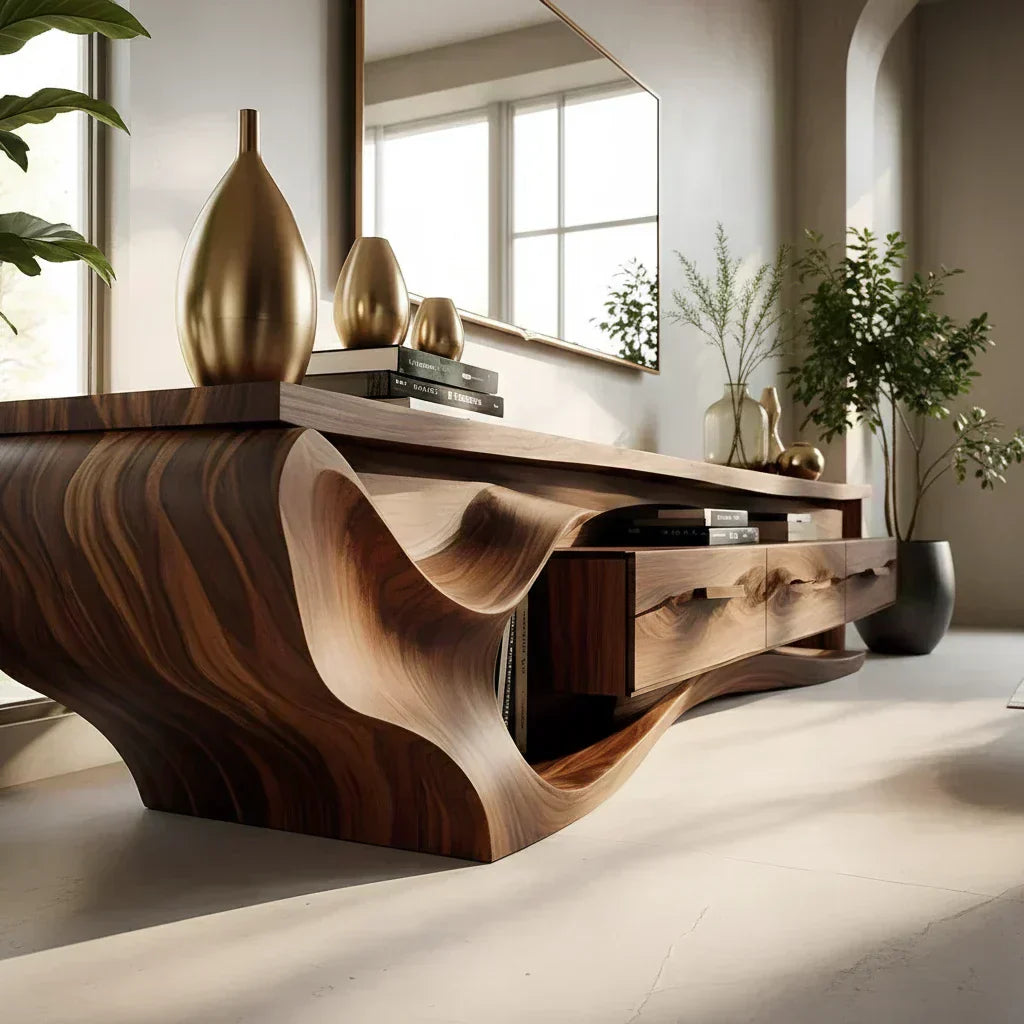 Luxury Wave-Carved Solid Wood TV Stand - Organic Modern Media Console - Woodenecho