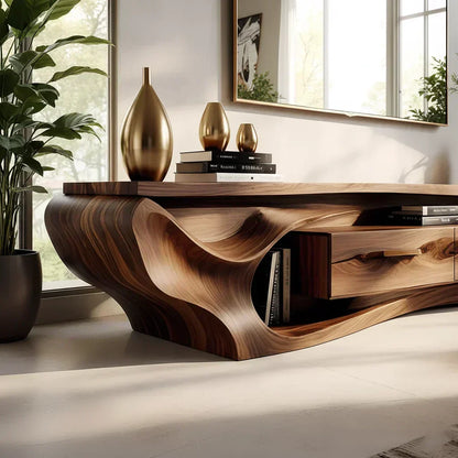 Luxury Wave-Carved Solid Wood TV Stand - Organic Modern Media Console - Woodenecho