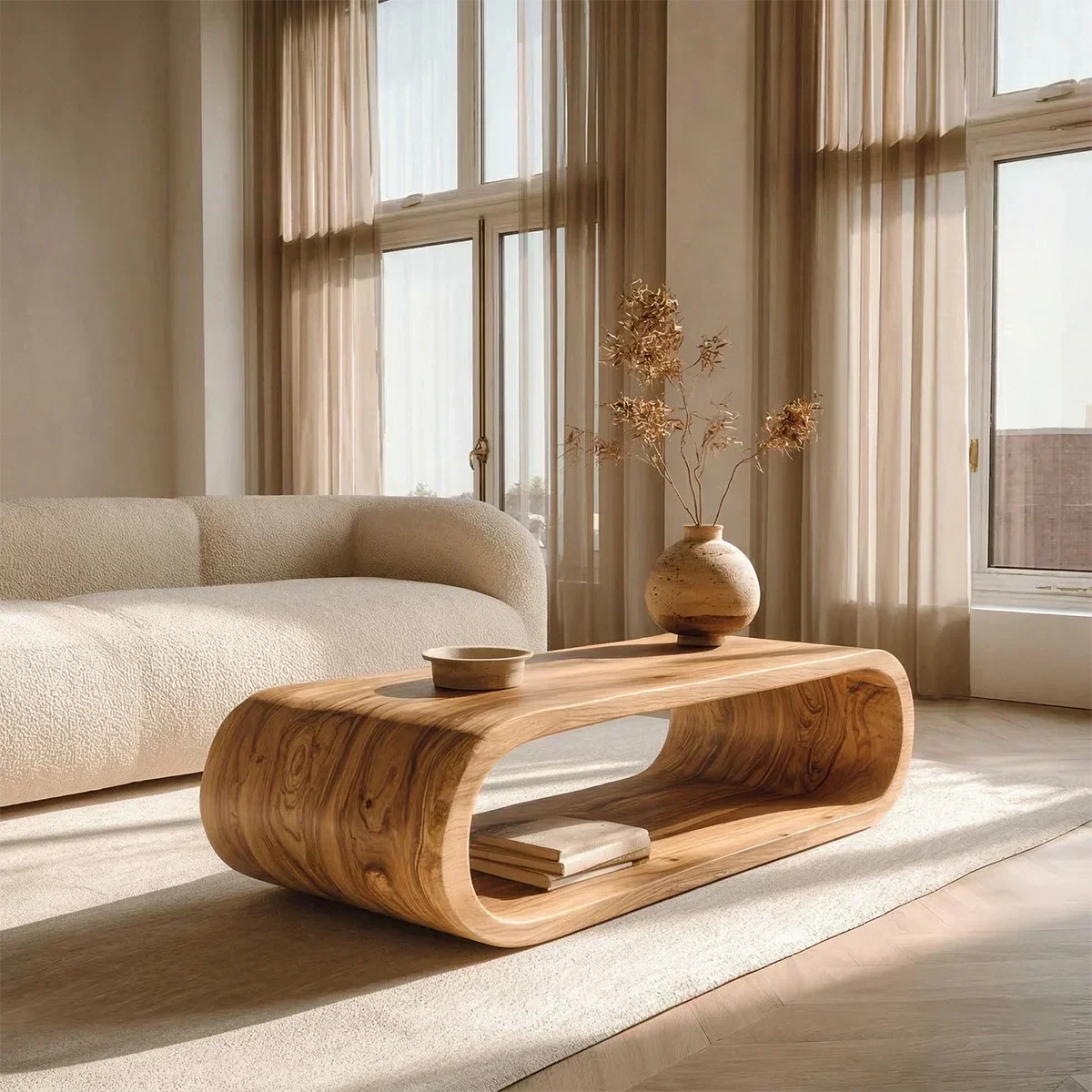 Minimalist Loop Form Natural Solid Wood Coffee Table with Open Base - Rustirawood
