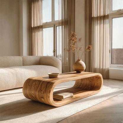 Minimalist Loop Form Natural Solid Wood Coffee Table with Open Base - Rustirawood