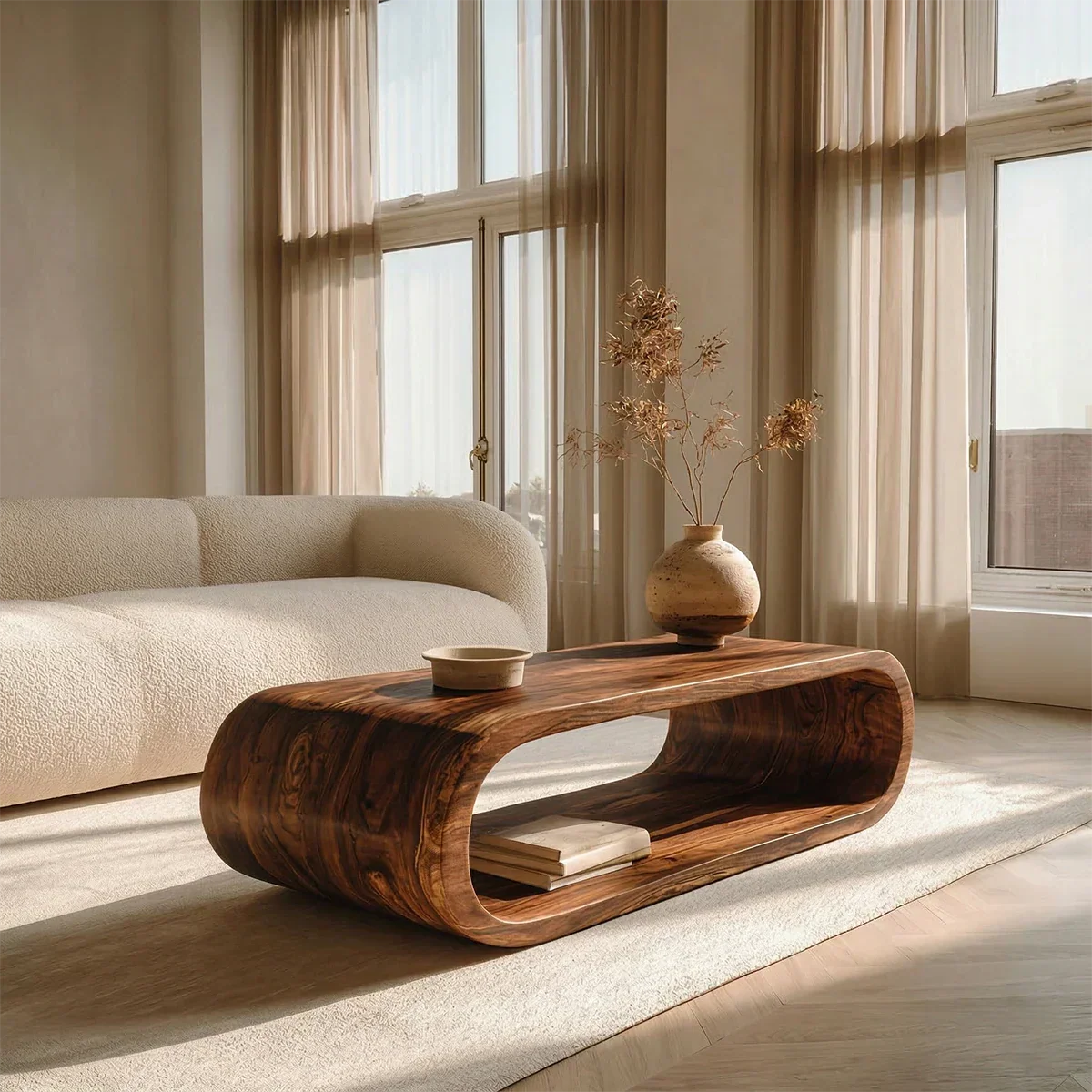 Minimalist Loop Form Natural Solid Wood Coffee Table with Open Base - Rustirawood