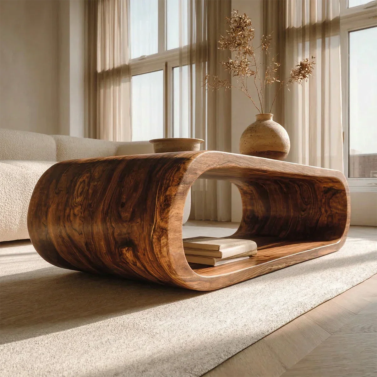 Minimalist Loop Form Natural Solid Wood Coffee Table with Open Base - Rustirawood