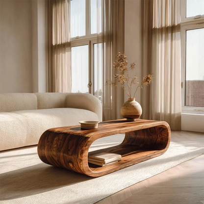 Minimalist Loop Form Natural Solid Wood Coffee Table with Open Base - Woodenecho