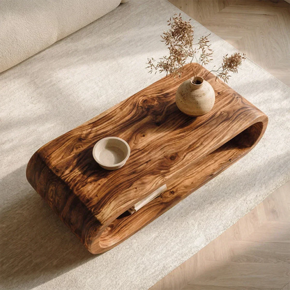 Minimalist Loop Form Natural Solid Wood Coffee Table with Open Base - Woodenecho