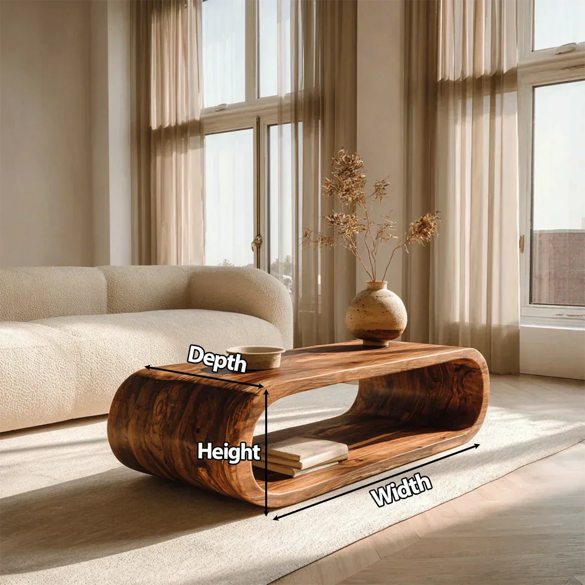 Minimalist Loop Form Natural Solid Wood Coffee Table with Open Base - Woodenecho