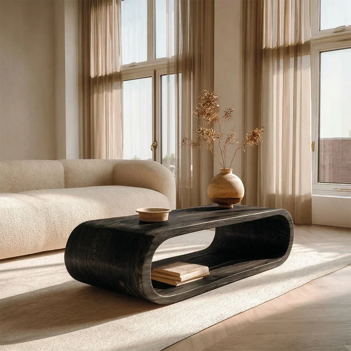 Minimalist Loop Form Natural Solid Wood Coffee Table with Open Base - Woodenecho