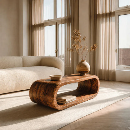 Minimalist Loop Form Natural Solid Wood Coffee Table with Open Base - Woodenecho