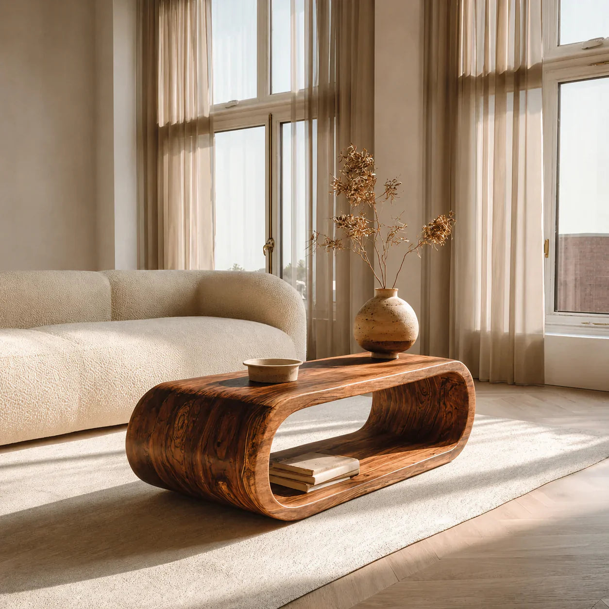Minimalist Loop Form Natural Solid Wood Coffee Table with Open Base - Woodenecho
