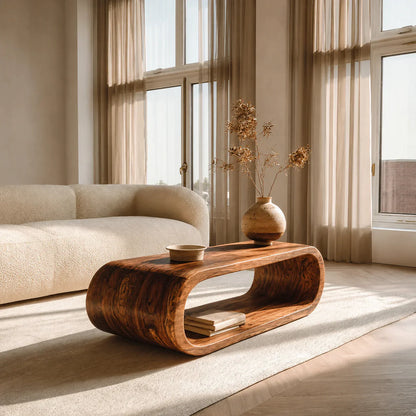 Minimalist Loop Form Natural Solid Wood Coffee Table with Open Base - Woodenecho