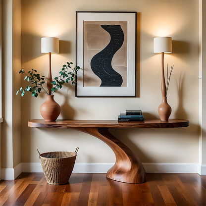 Minimalist Sculptural Console Table in Natural Solid Wood for Entryway - Woodenecho