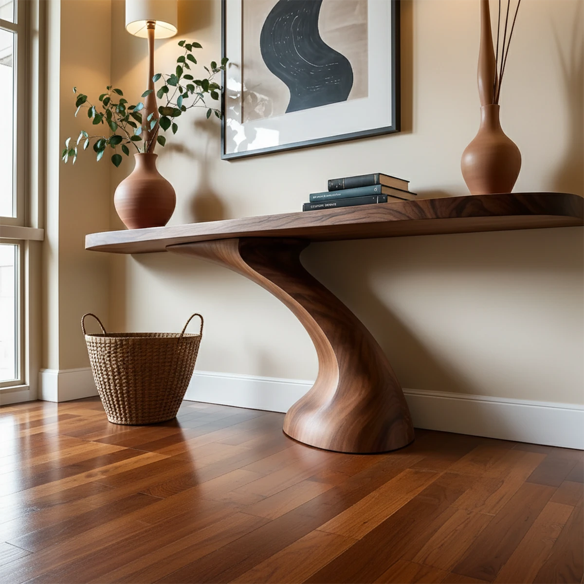 Minimalist Sculptural Console Table in Natural Solid Wood for Entryway - Woodenecho