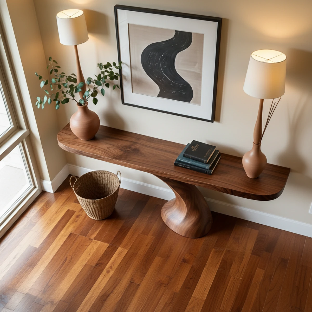 Minimalist Sculptural Console Table in Natural Solid Wood for Entryway - Woodenecho