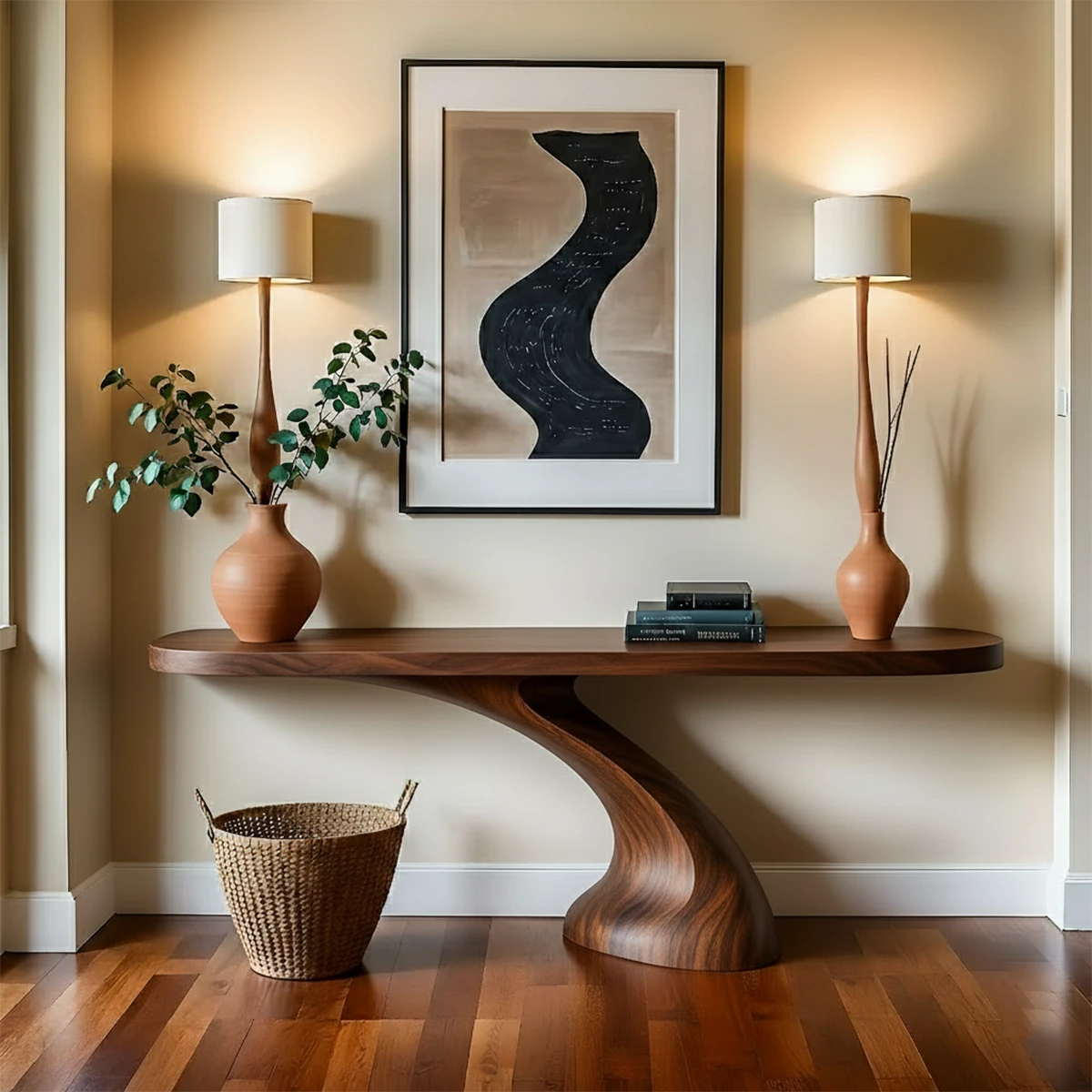 Minimalist Sculptural Console Table in Natural Solid Wood for Entryway - Woodenecho