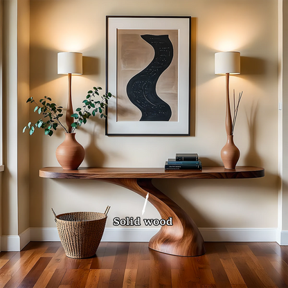 Minimalist Sculptural Console Table in Natural Solid Wood for Entryway - Woodenecho