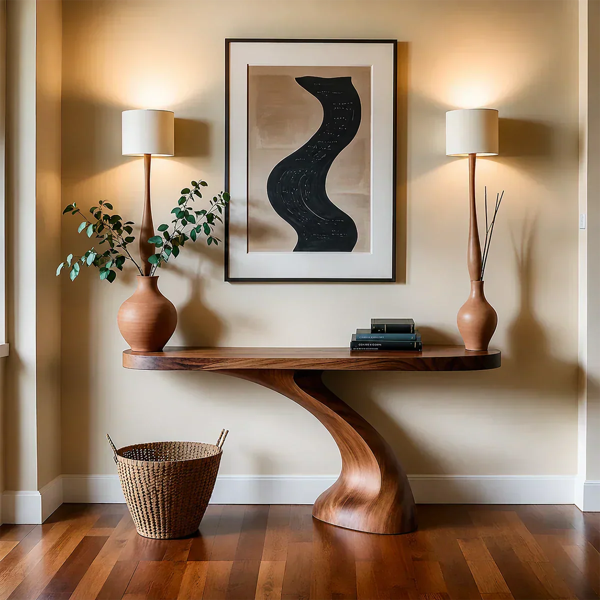 Minimalist Sculptural Console Table in Natural Solid Wood for Entryway - Woodenecho
