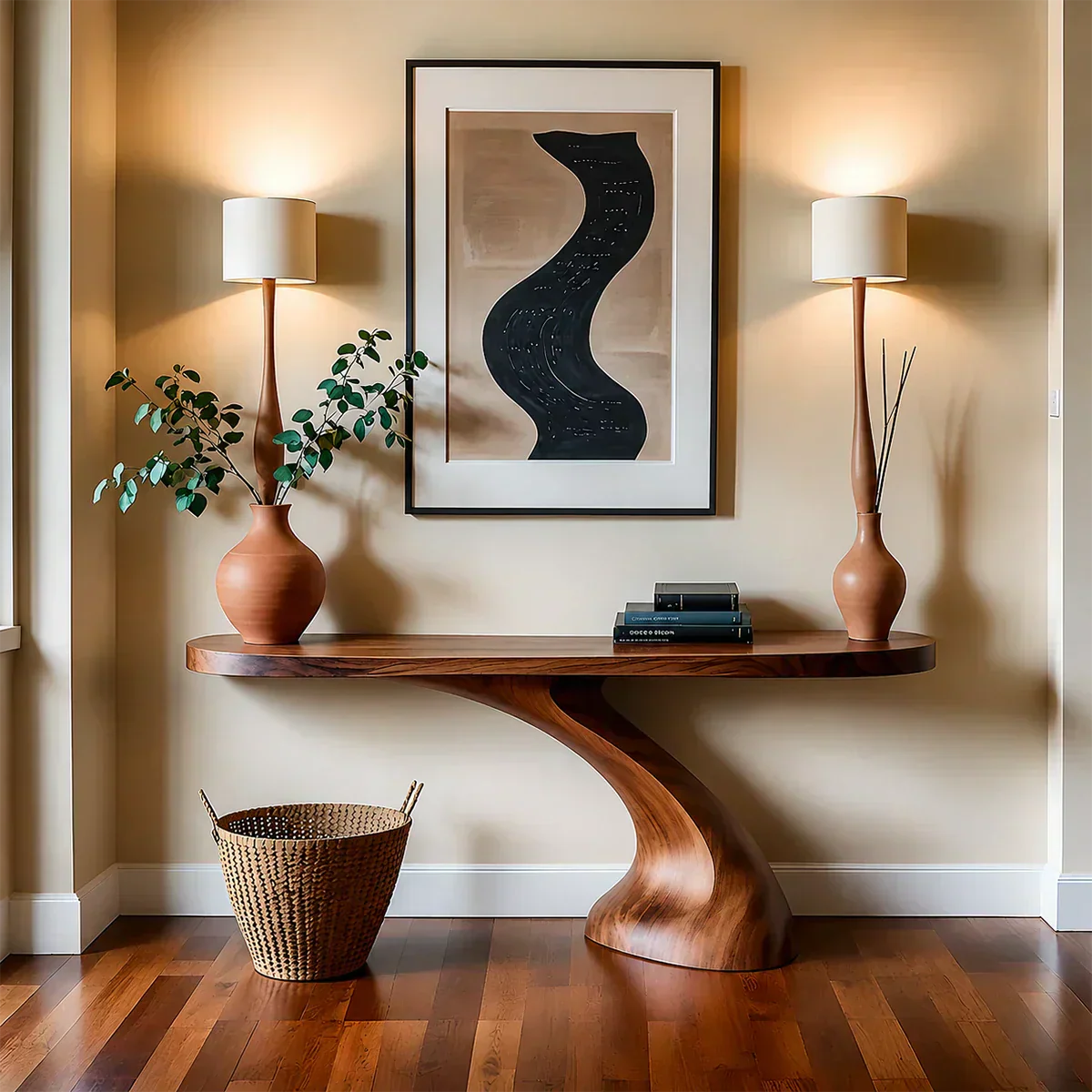 Minimalist Sculptural Console Table in Natural Solid Wood for Entryway - Woodenecho