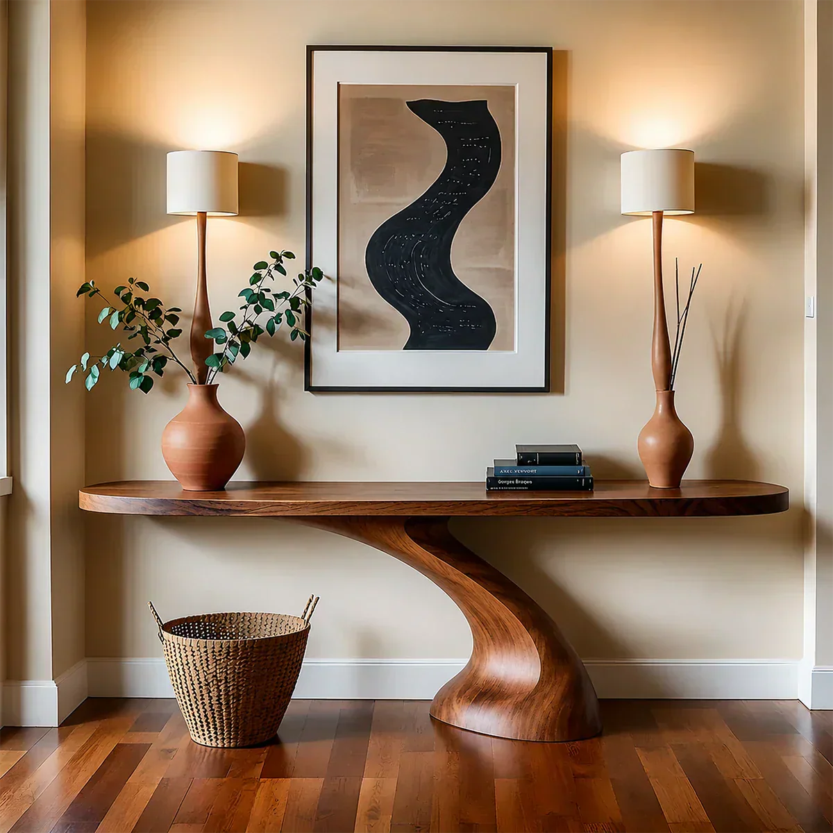 Minimalist Sculptural Console Table in Natural Solid Wood for Entryway - Woodenecho