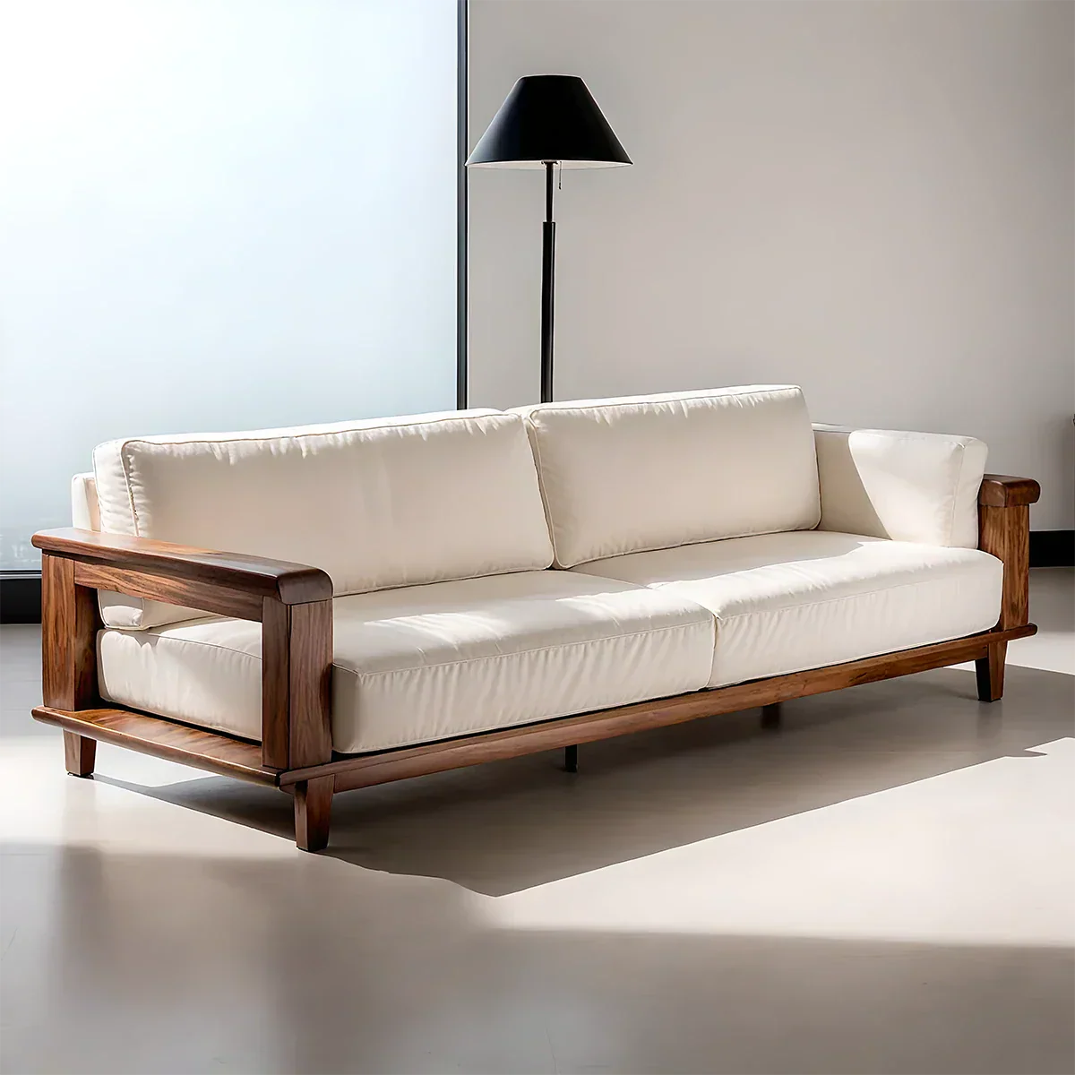 Modern Cotton Sofa with Solid Wood Arm Details - Rustirawood