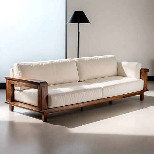 Modern Cotton Sofa with Solid Wood Arm Details - Rustirawood