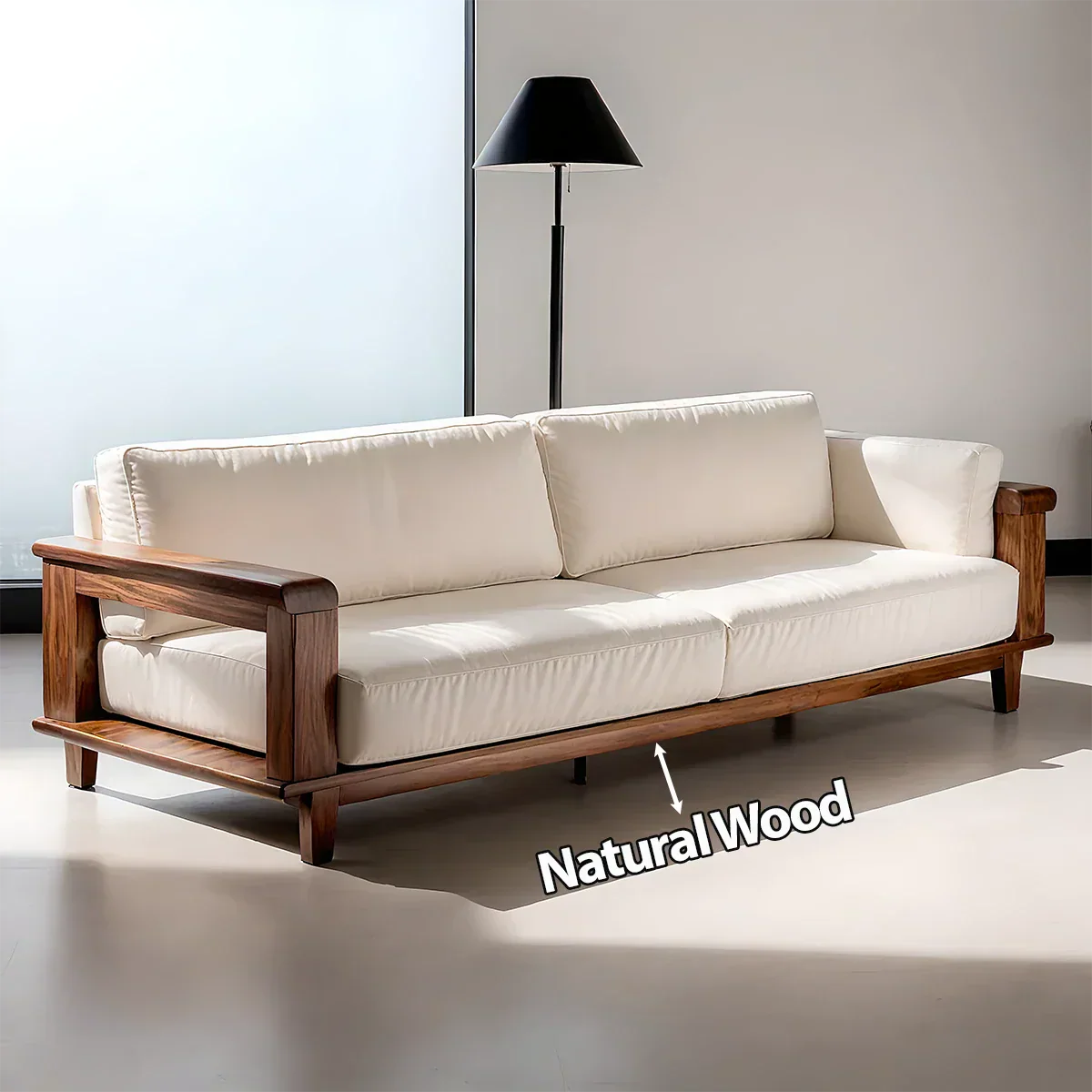Modern Cotton Sofa with Solid Wood Arm Details - Rustirawood