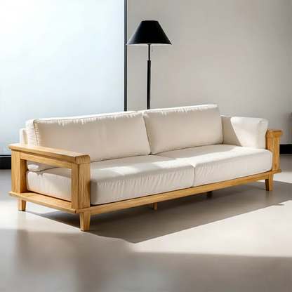 Modern Cotton Sofa with Solid Wood Arm Details - Rustirawood
