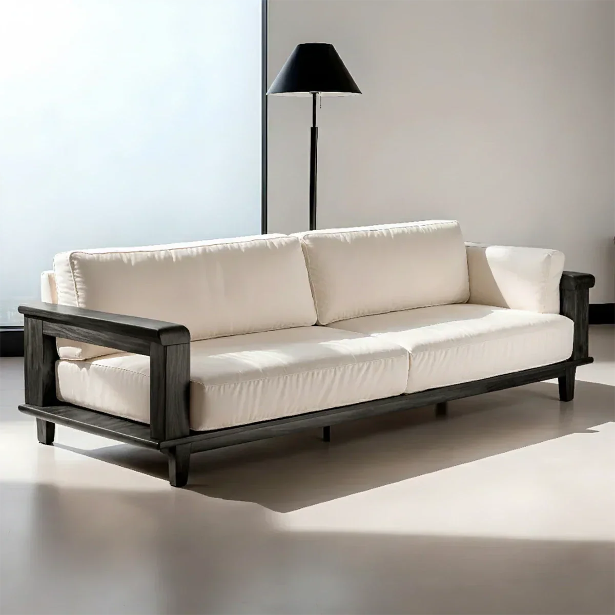 Modern Cotton Sofa with Solid Wood Arm Details - Rustirawood