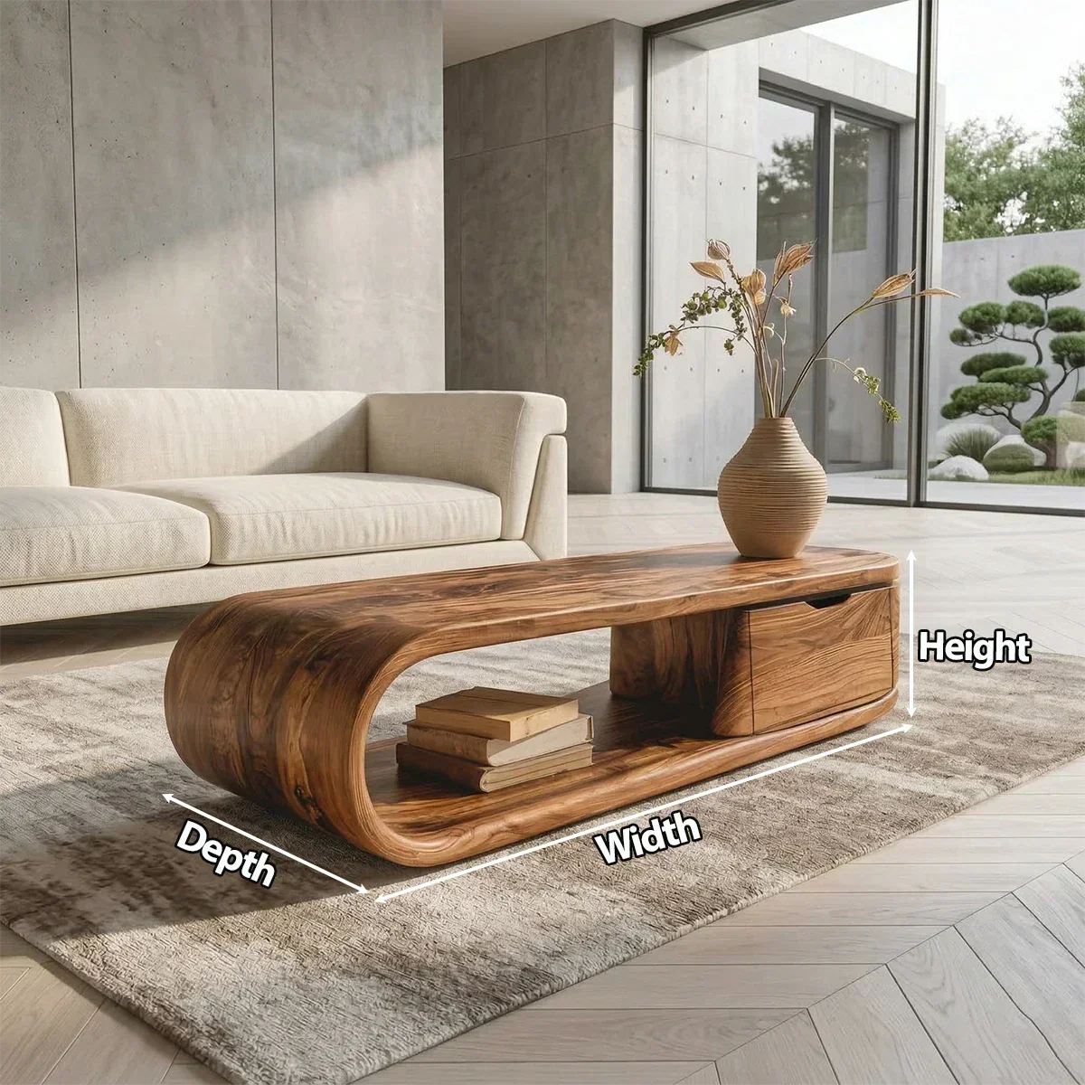 Modern Curved Natural Solid Wood Coffee Table with Drawer Storage - Rustirawood