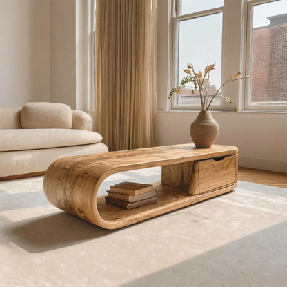 Modern Curved Natural Solid Wood Coffee Table with Drawer Storage - Rustirawood