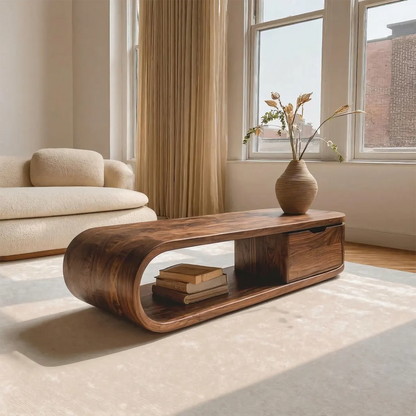 Modern Curved Natural Solid Wood Coffee Table with Drawer Storage - Rustirawood