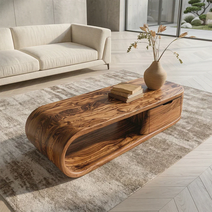 Modern Curved Natural Solid Wood Coffee Table with Drawer Storage - Rustirawood
