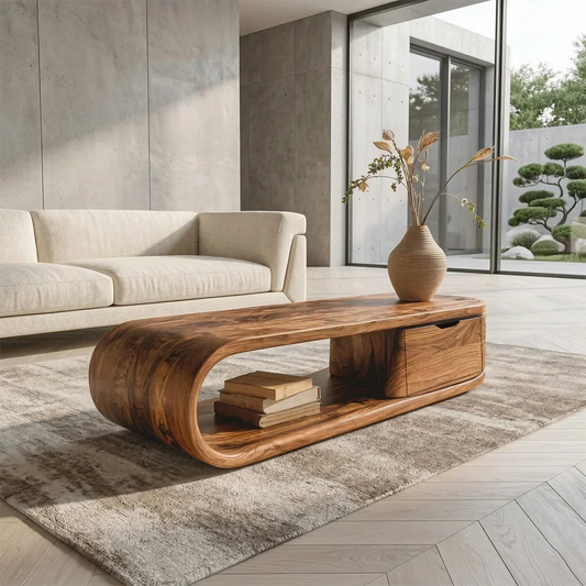 Modern Curved Natural Solid Wood Coffee Table with Drawer Storage - Woodenecho