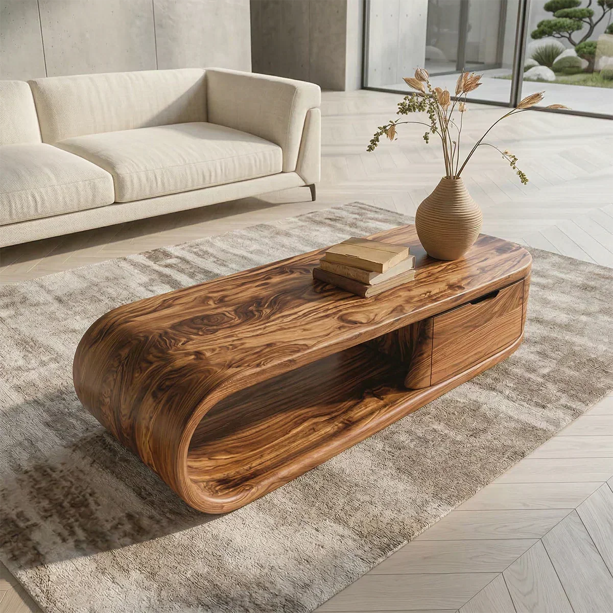 Modern Curved Natural Solid Wood Coffee Table with Drawer Storage - Woodenecho