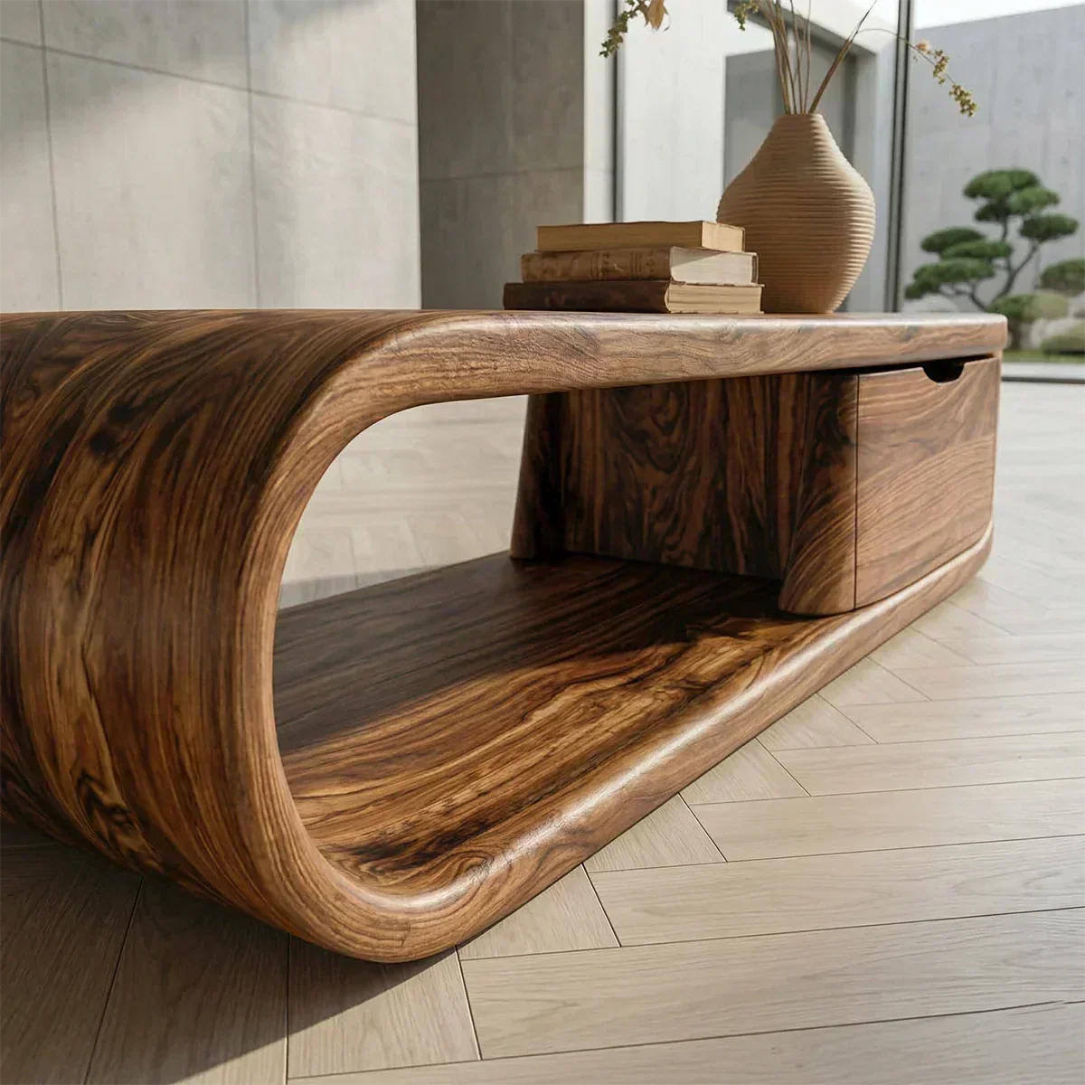 Modern Curved Natural Solid Wood Coffee Table with Drawer Storage - Woodenecho