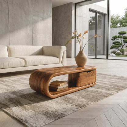 Modern Curved Natural Solid Wood Coffee Table with Drawer Storage - Woodenecho
