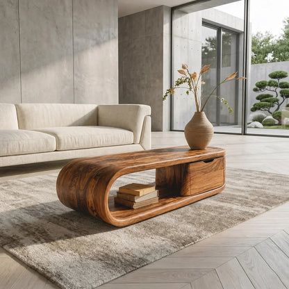 Modern Curved Natural Solid Wood Coffee Table with Drawer Storage - Woodenecho