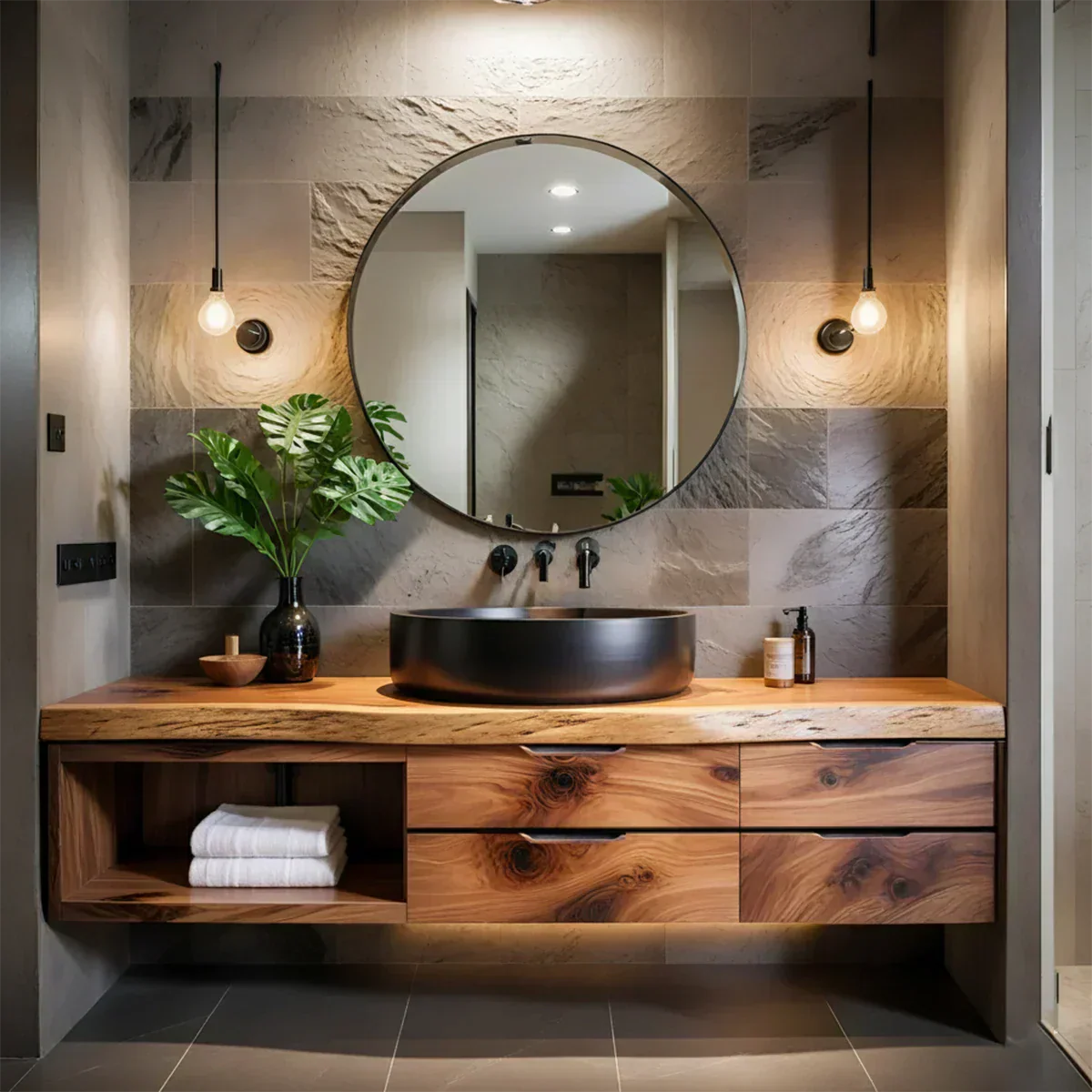 Modern Floating Natural Solid Wood Bathroom Vanity - Rustirawood