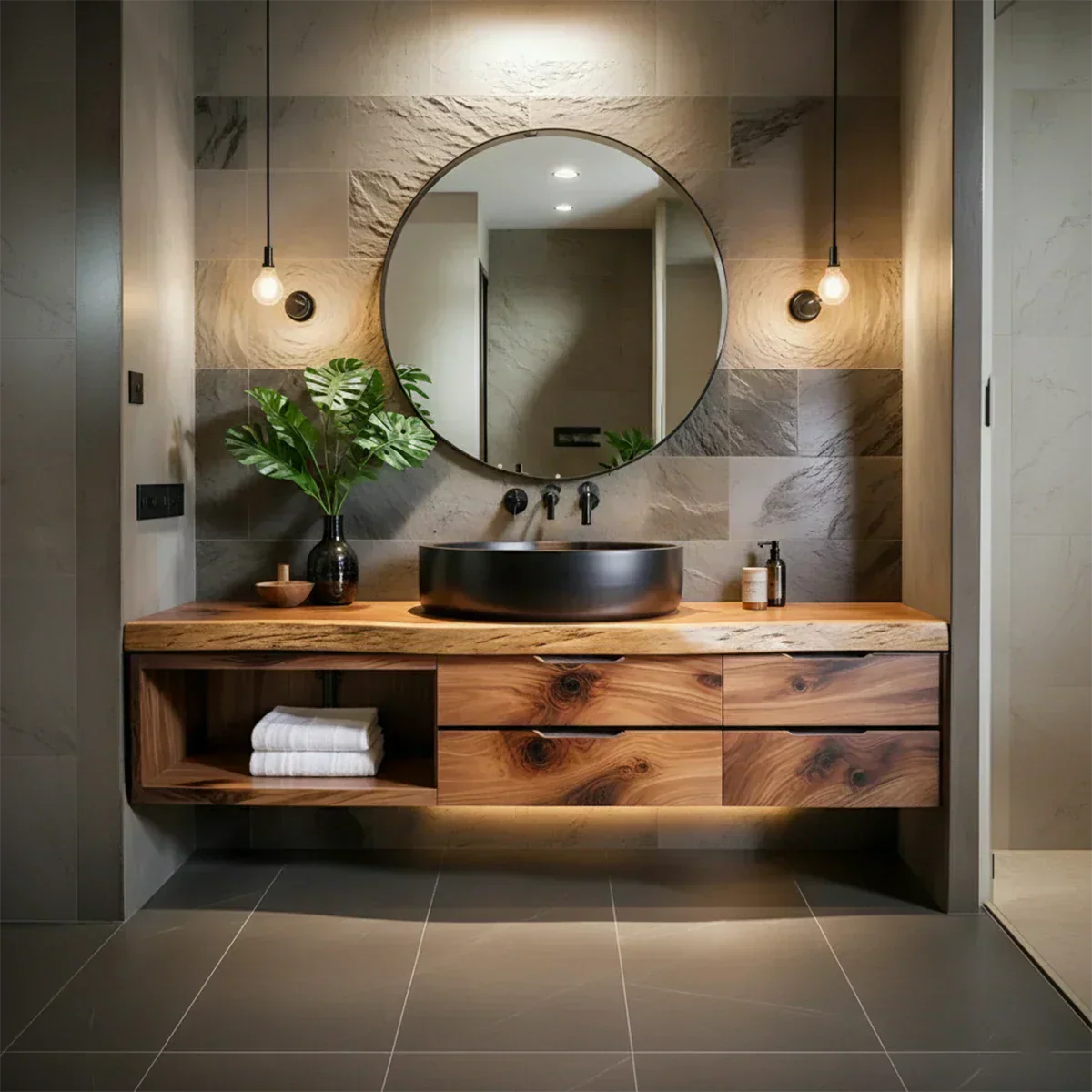Modern Floating Natural Solid Wood Bathroom Vanity - Rustirawood