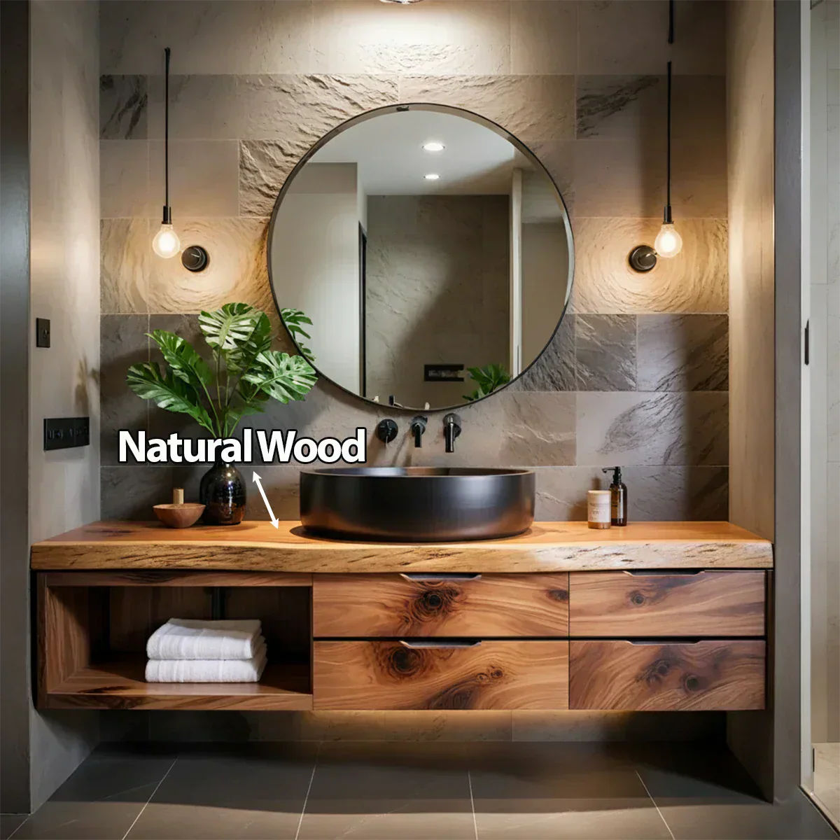 Modern Floating Natural Solid Wood Bathroom Vanity - Rustirawood