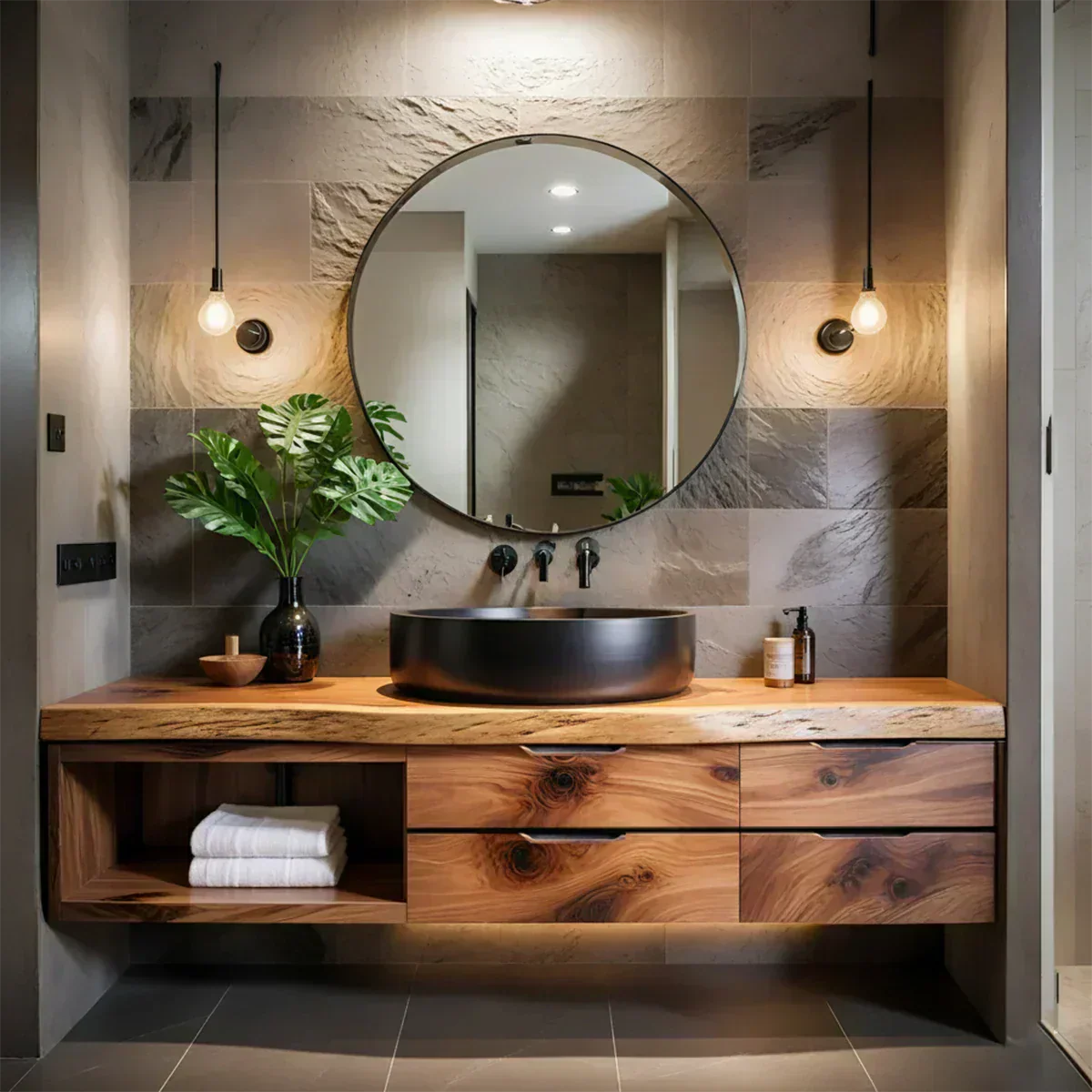 Modern Floating Natural Solid Wood Bathroom Vanity - Woodenecho