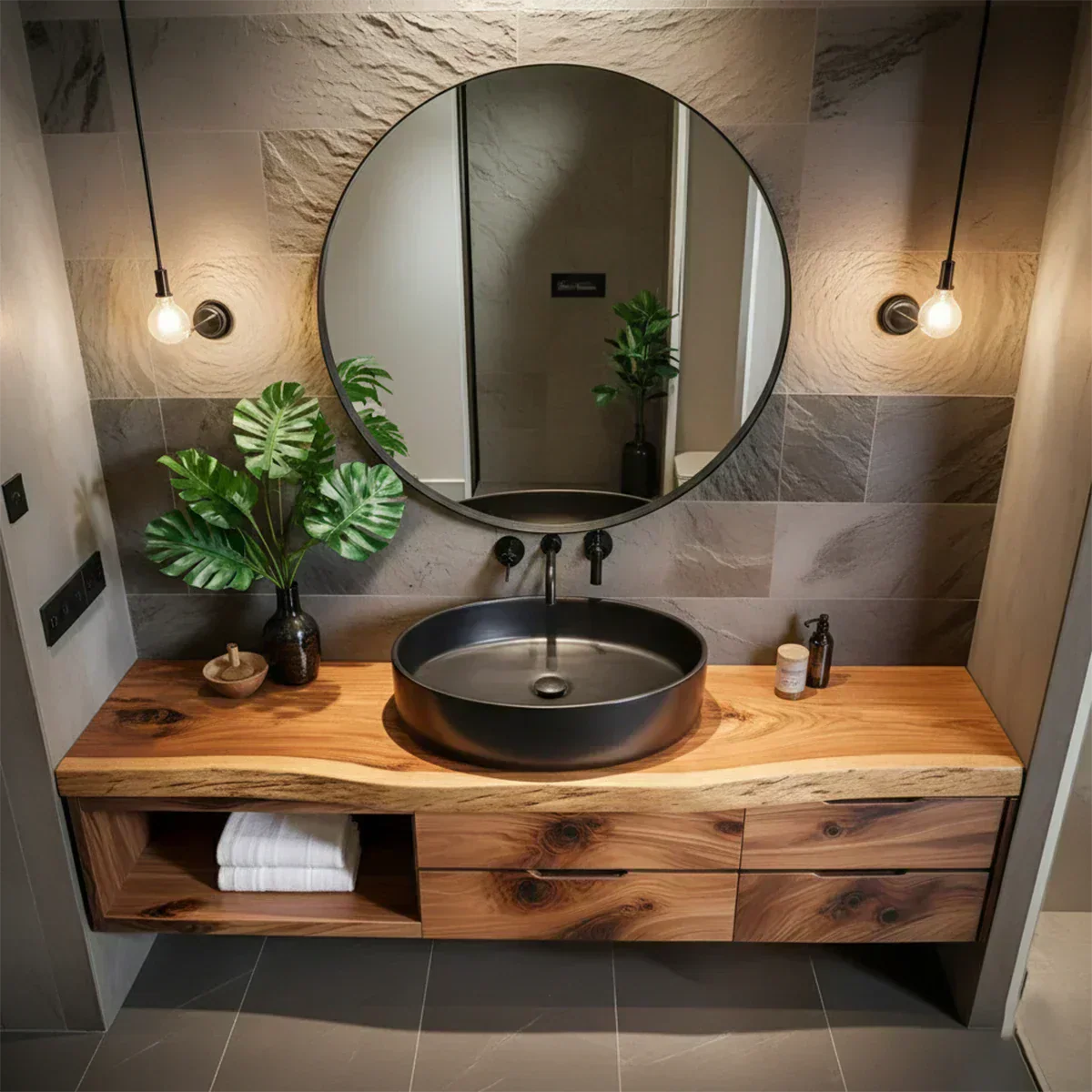 Modern Floating Natural Solid Wood Bathroom Vanity - Woodenecho