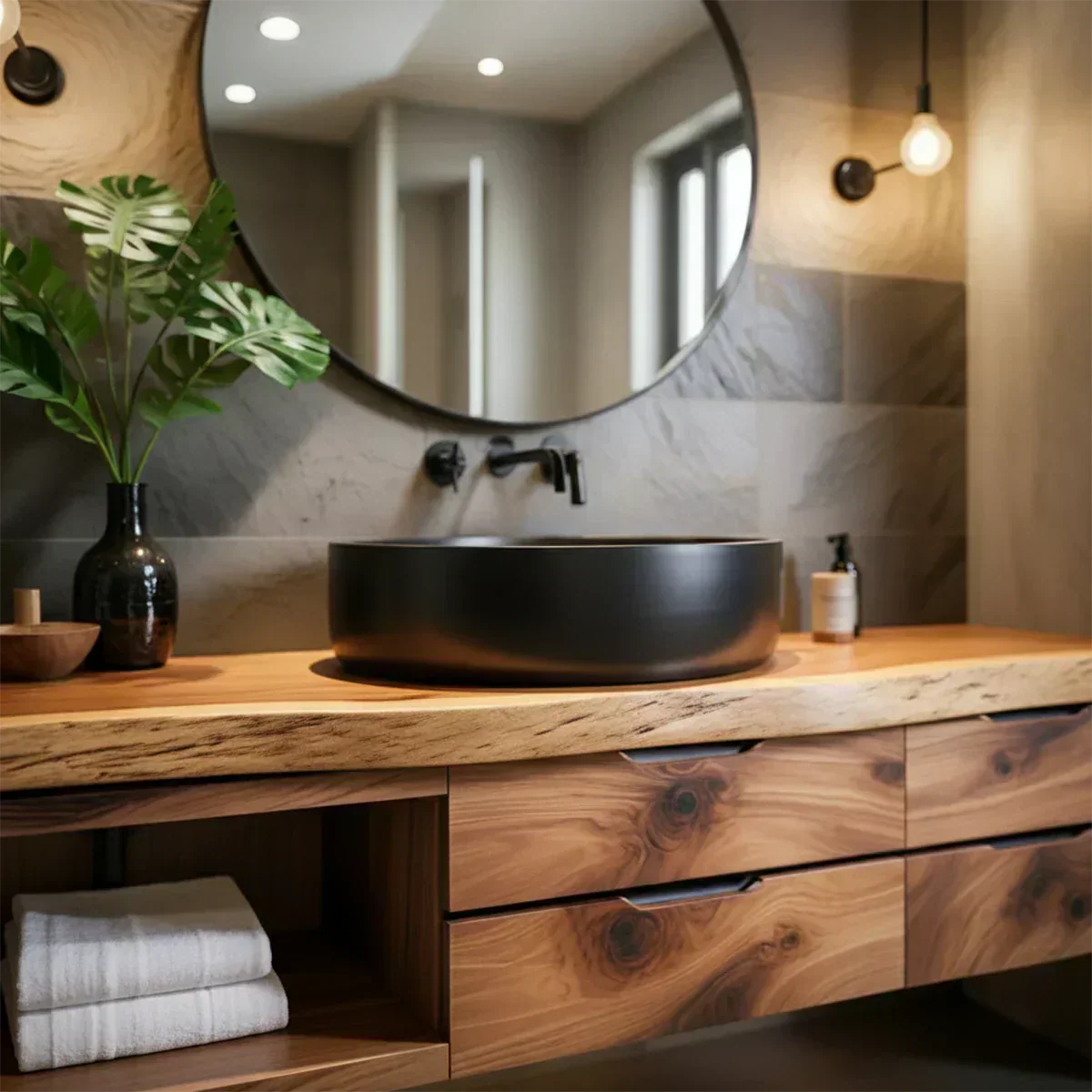 Modern Floating Natural Solid Wood Bathroom Vanity - Woodenecho