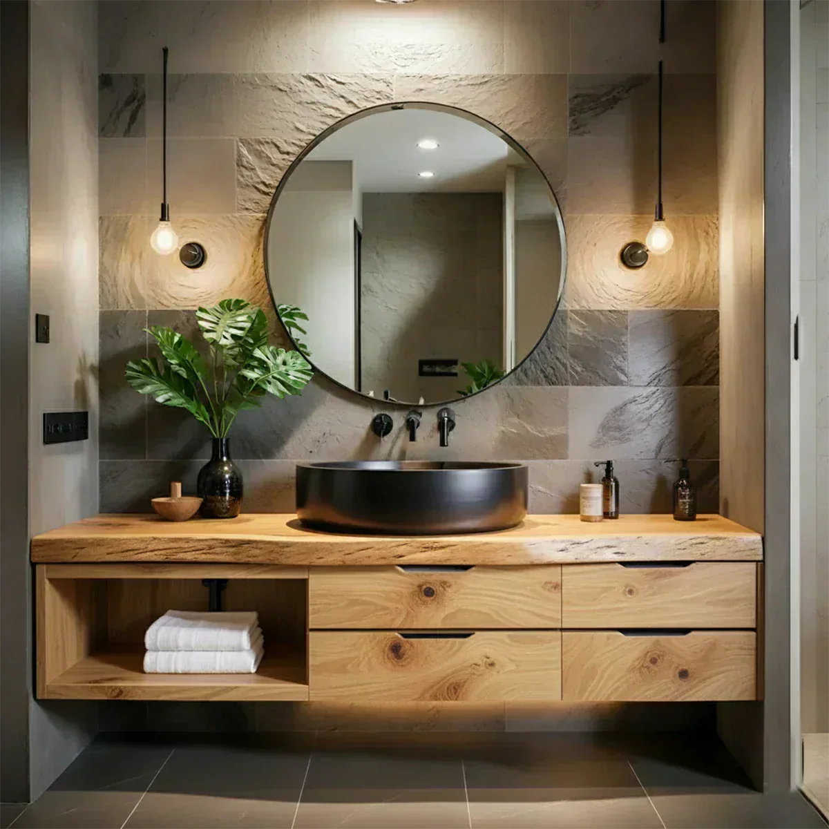 Modern Floating Natural Solid Wood Bathroom Vanity - Woodenecho