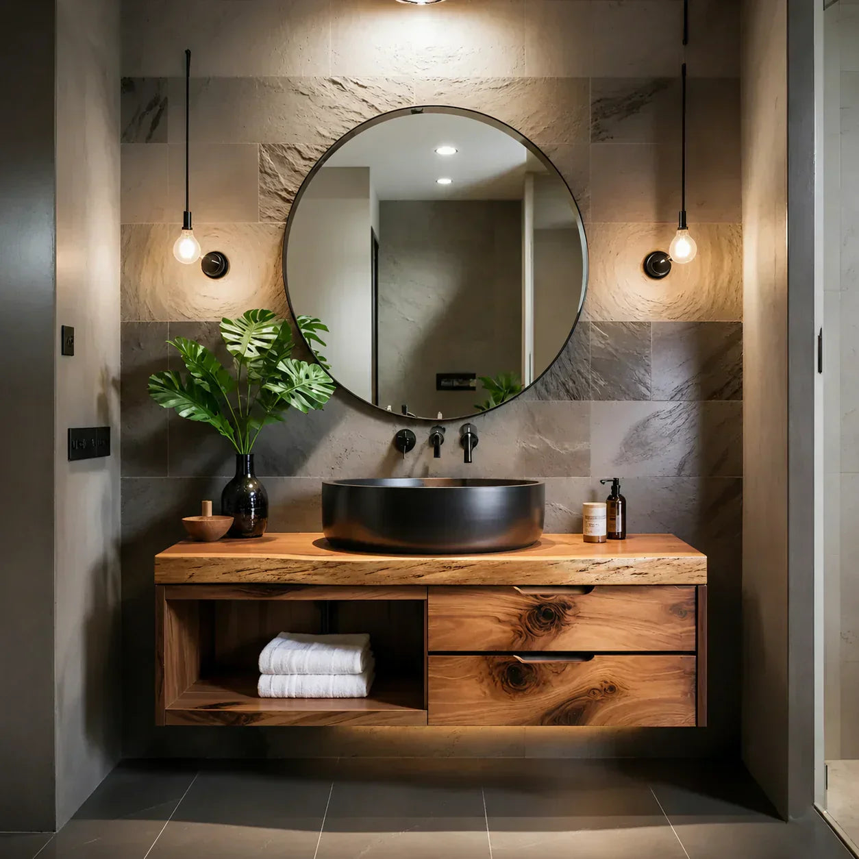 Modern Floating Natural Solid Wood Bathroom Vanity - Woodenecho
