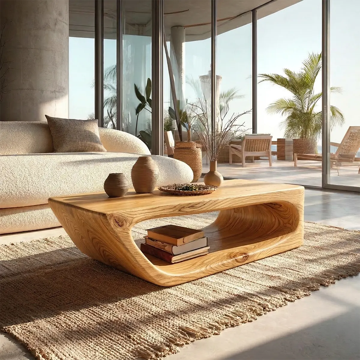 Modern Hollow Form Natural Solid Wood Coffee Table with Open Shelf - Rustirawood
