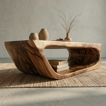 Modern Hollow Form Natural Solid Wood Coffee Table with Open Shelf - Rustirawood