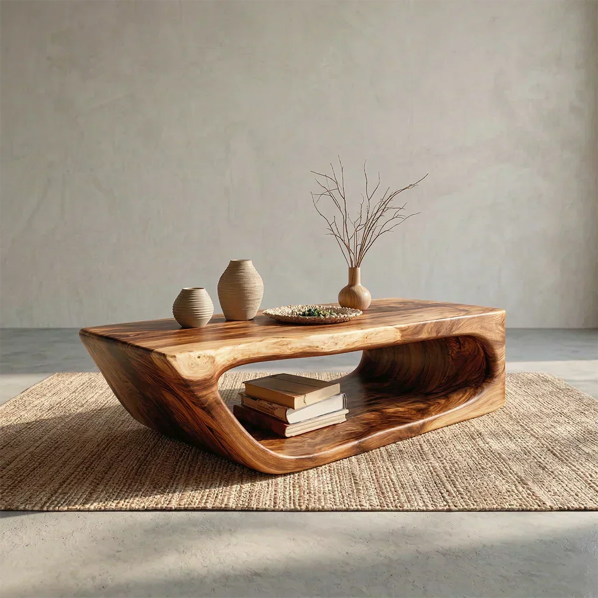 Modern Hollow Form Natural Solid Wood Coffee Table with Open Shelf - Woodenecho