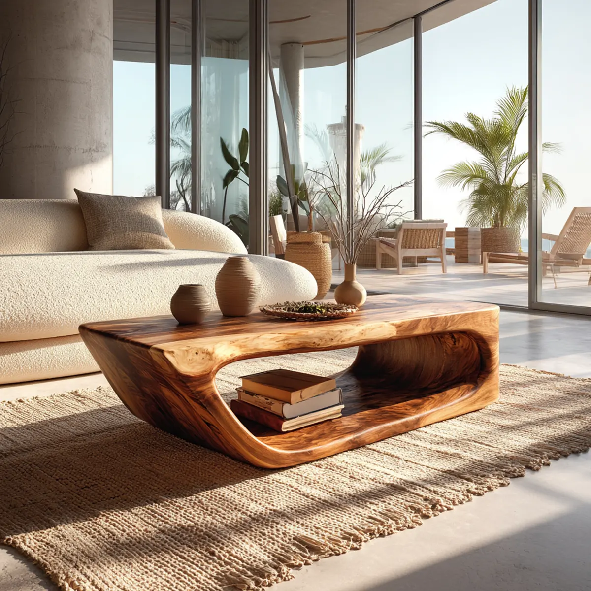 Modern Hollow Form Natural Solid Wood Coffee Table with Open Shelf - Woodenecho