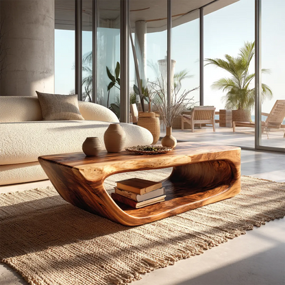 Modern Hollow Form Natural Solid Wood Coffee Table with Open Shelf - Woodenecho