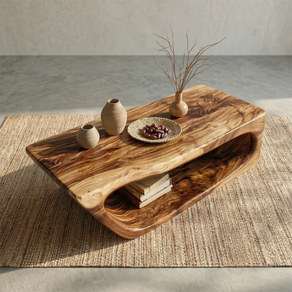 Modern Hollow Form Natural Solid Wood Coffee Table with Open Shelf - Woodenecho